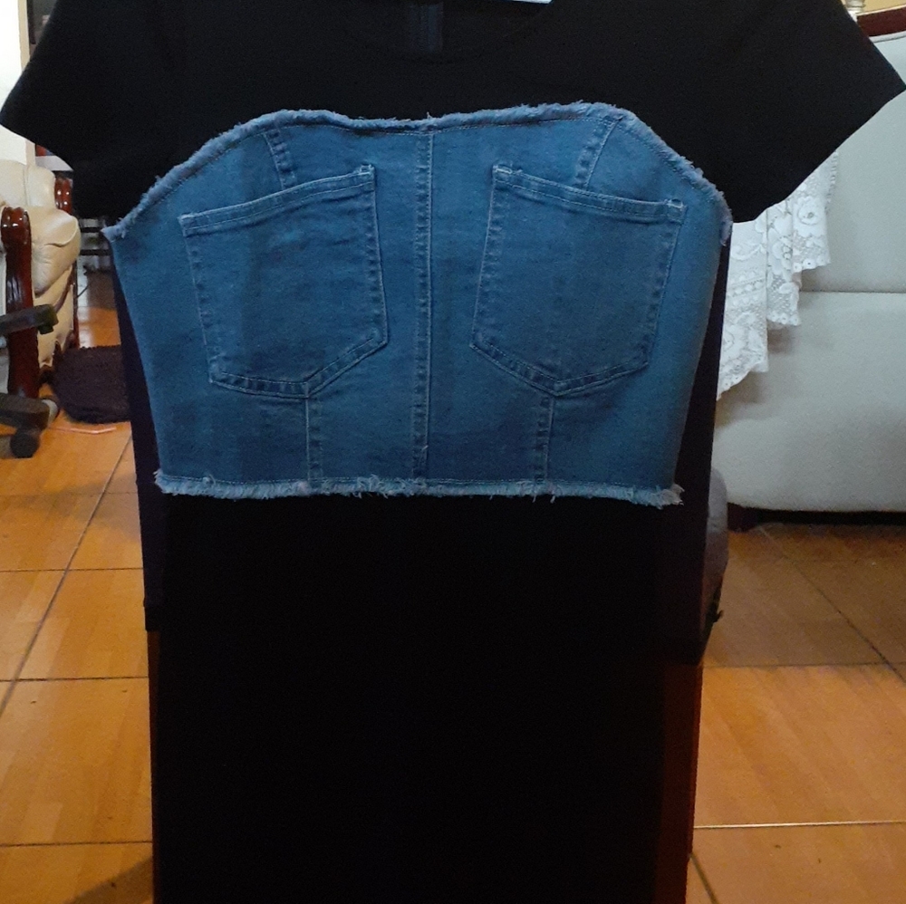 Black dress with denim across the chest